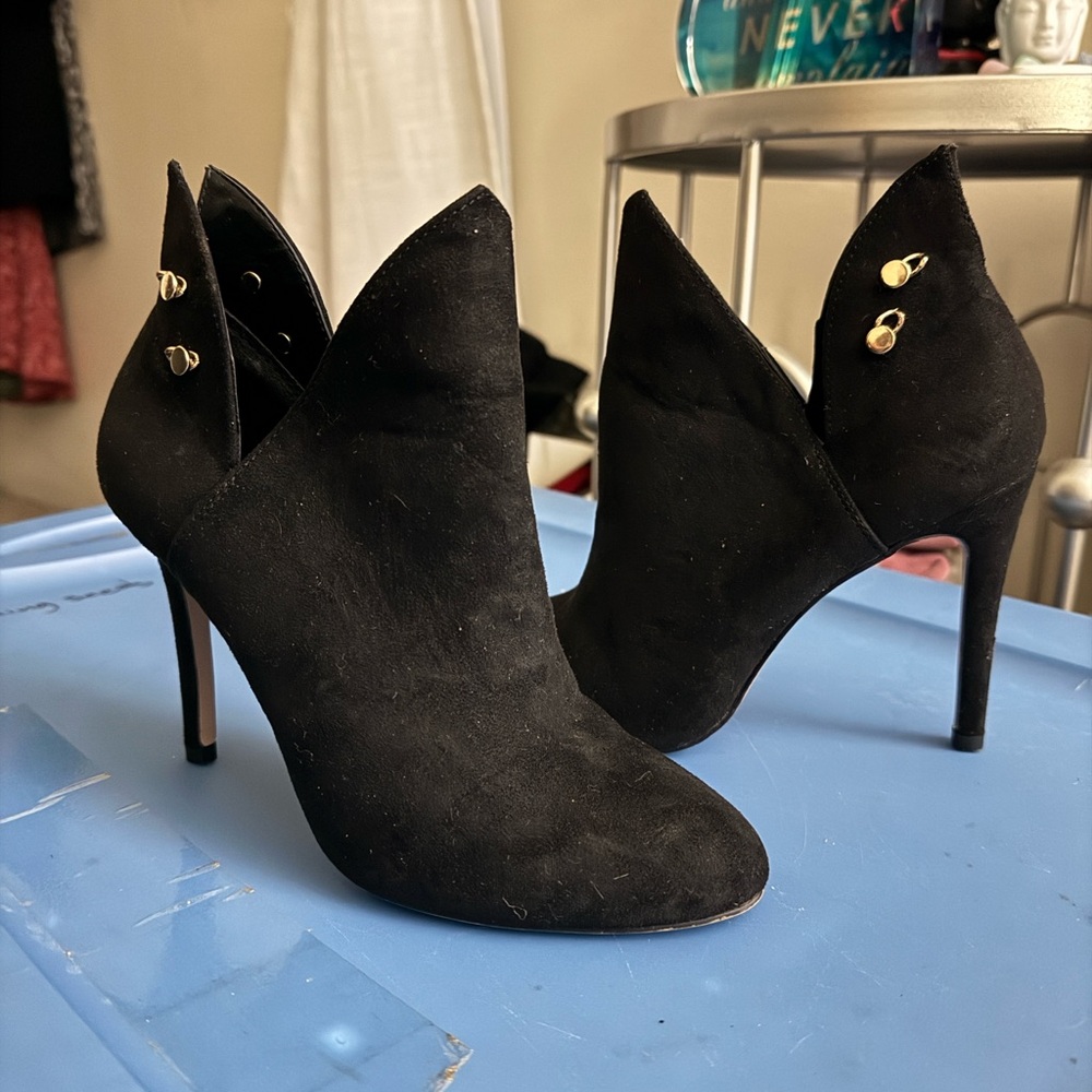 BCBG Black Heeled Boots with Gold Accents